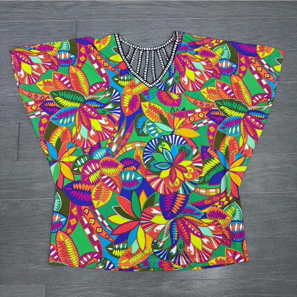 Trina Turk Montezuma Beach Coverup Tunic Dress M Boho Floral Print Cut Out Back - Picture 13 of 16